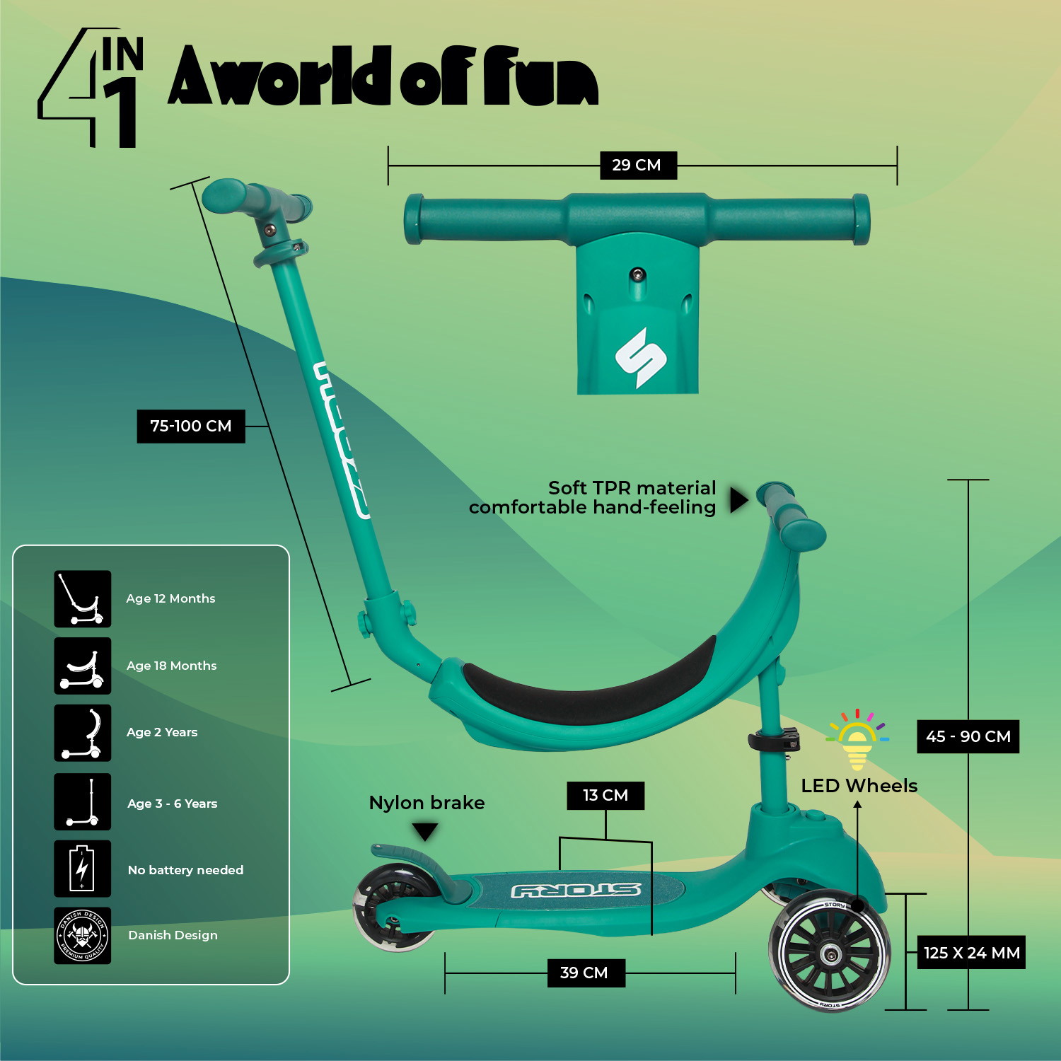 Story 4IN1 LED Kids 3-wheel scooter